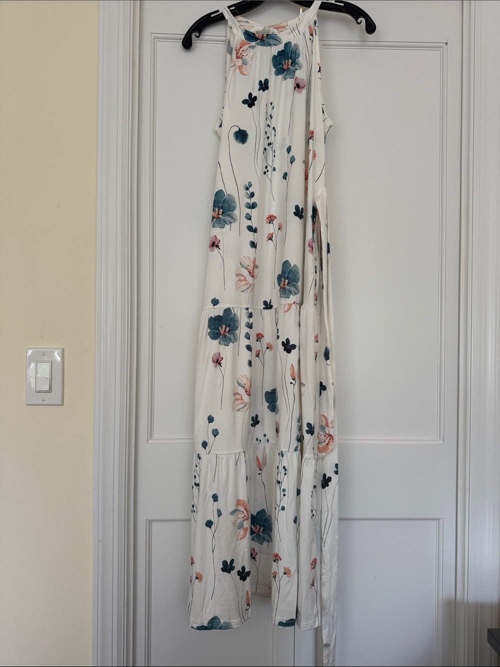 Cream Floral Halter Tiered Maxi Dress with Teal & Pink Blooms